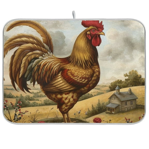 Farmhouse Rooster Flowers Dish Drying Mats Kitchen Mat Microfiber Counter Absorbent Dish Pad Drainer Rack 18"x24"