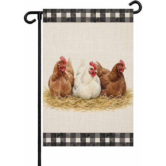 Farmhouse Rooster Garden Flag 12 x 18 Double Sided Vintage Buffalo Check Outdoor Yard Banner Welcome