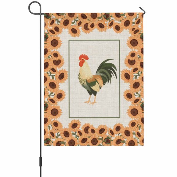Farmhouse Rooster Garden Flag 12 x 18 Inches, Vintage Yellow Sunflowers Border Rustic Linen Texture Weather Proof Outdoor Patio Flags Double Sided Small Garden Decoration for Yard Outside Home