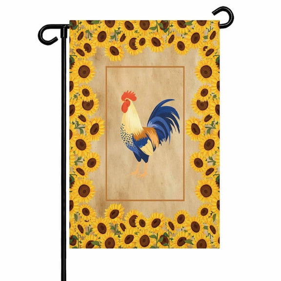 Farmhouse Rooster Garden Flag 28x40 Inch Vintage Yellow Sunflowers Border Rustic Country Double Sided Small Decorative Garden Flags for Outside, Outdoor Yard Porch Lawn Decoration