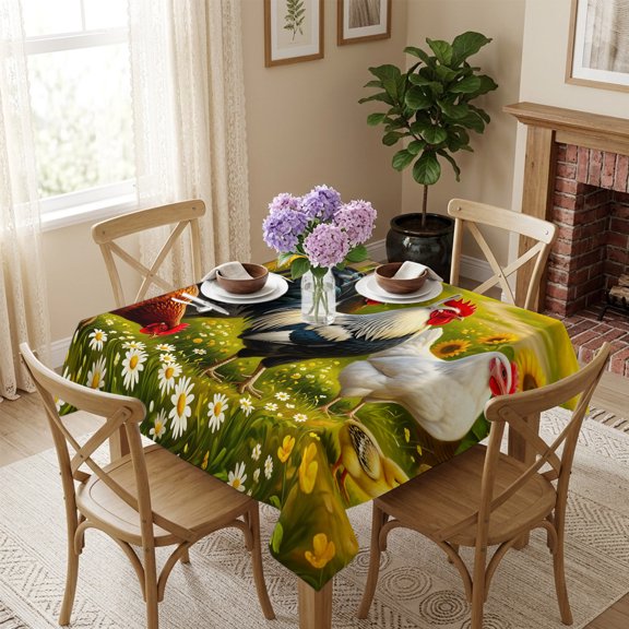 Farmhouse Rooster Hens Square Tablecloth 54x54 Inch Summer Floral Botanical Bird Waterproof Polyester Table Cover, Washable Stain Resistant Tablecloth for Dining Table Kitchen Wedding