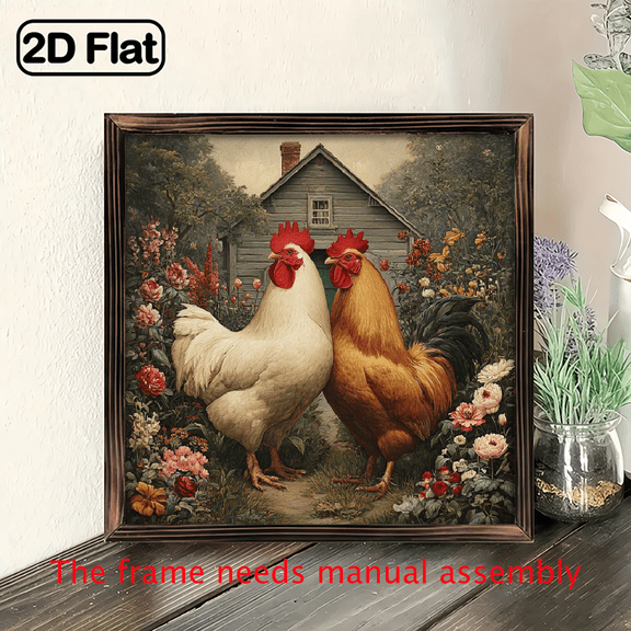 Farmhouse Rooster House Wall Decor - Rustic Country Kitchen or Living Room Decoration with Two Roosters, Vintage Farmhouse Style Wooden Framed Poster - Easy Hang No Wiring Needed