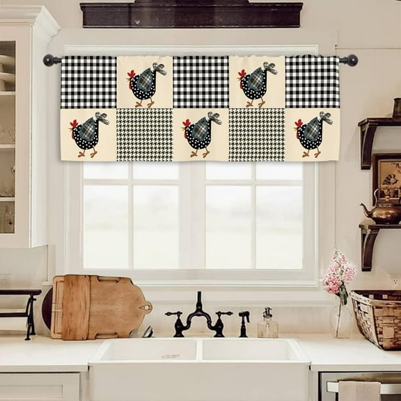 Farmhouse Rooster Kitchen Curtain Valance 54W x 18H Rod Pocket Chicken Farm Rustic Black White Buffalo Plaid Check Window Treatment for Living Room Bedroom Bathroom Laundry