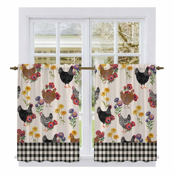 Farmhouse Rooster Kitchen Curtains 45 Inch Length, Vintage Watercolor Flowers Black Plaid Tiers Curtains for Bathroom Bedroom Cafe, Light Filtering Small Window Treatment Drapes 2 Panels 42"Wx45"L