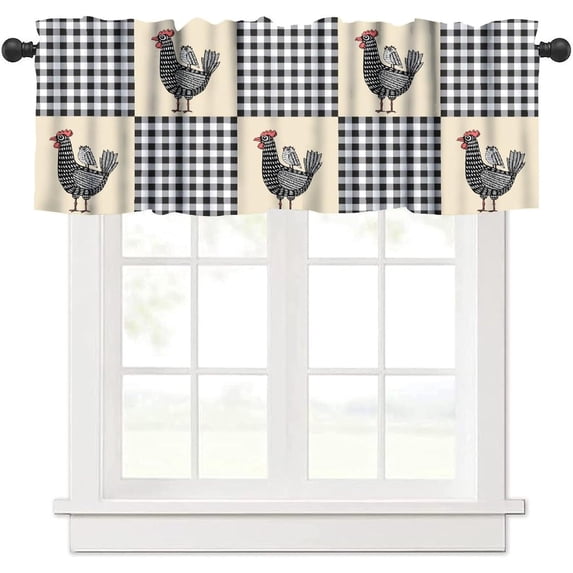 Farmhouse Rooster Kitchen Curtains Rustic Retro Abstract Chicken Black White Buffalo Plaid Rod Pocket Curtain Valance for Kitchen Bedroom Living Room Decor 1 Panel W54xL18 Inch