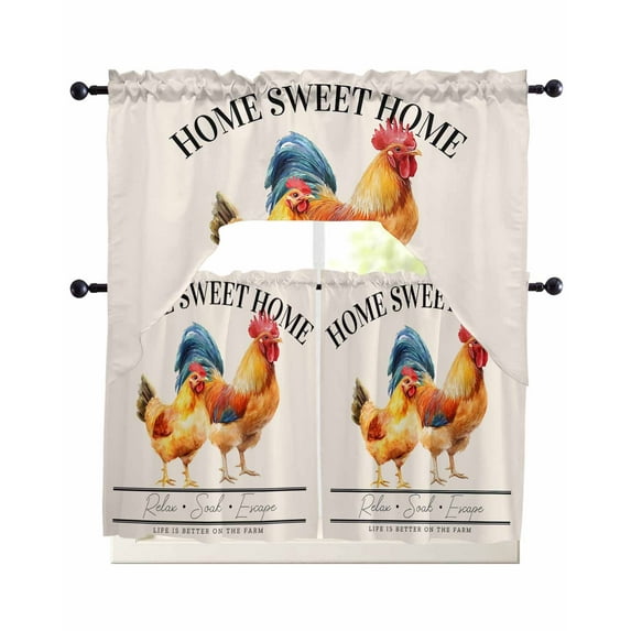 Farmhouse Rooster Kitchen Curtains Sets 24 Inch Length with Valance, Watercolor Cute Animals Retro Art Swag Valances and Tiers Curtain Set Drapes Swag Curtains for Living Room, Bathroom, Bedroom