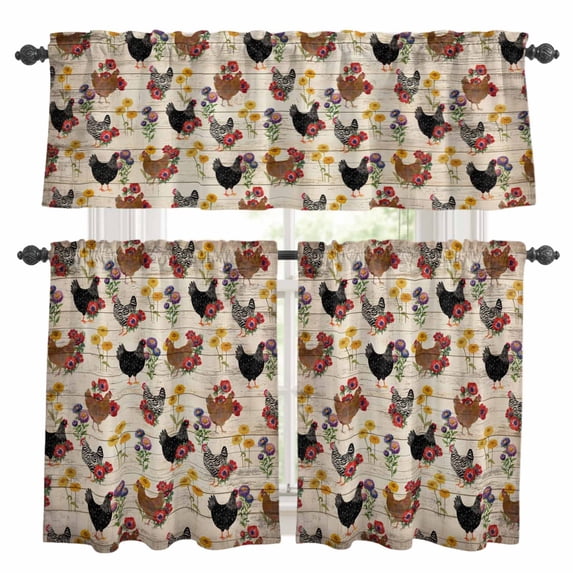 Farmhouse Rooster Kitchen Curtains Sets for Windows 36 Inch Length, Vintage Watercolor Flowers Wood Grain Rod Pocket Window Treatments Tier Curtains and Valances Set for Bedroom/Bathroom