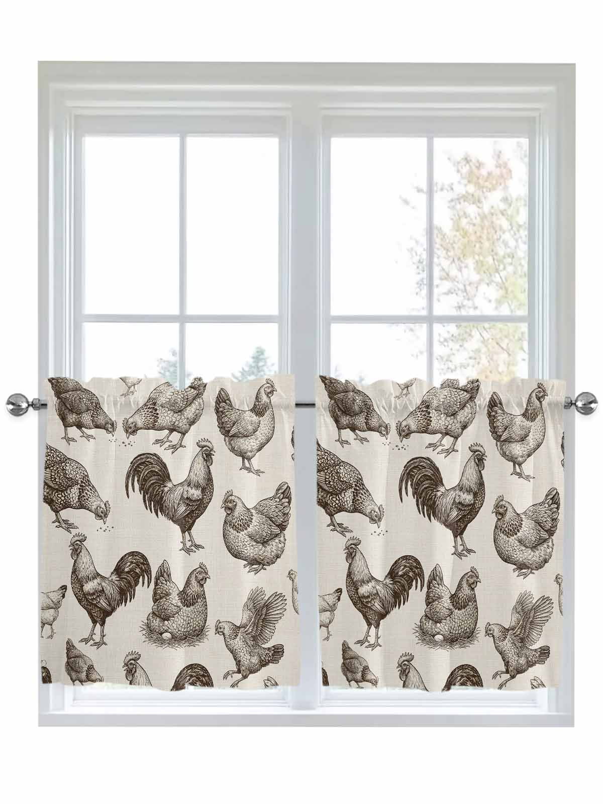 Farmhouse Rooster Kitchen Curtains Tier 24 Inch Length, Rustic Animals Vintage Linen Rod Pocket Light Filtering Window Curtains Living Room Bedroom Curtain Drapes Cafe Curtain 27.5''x24''x2