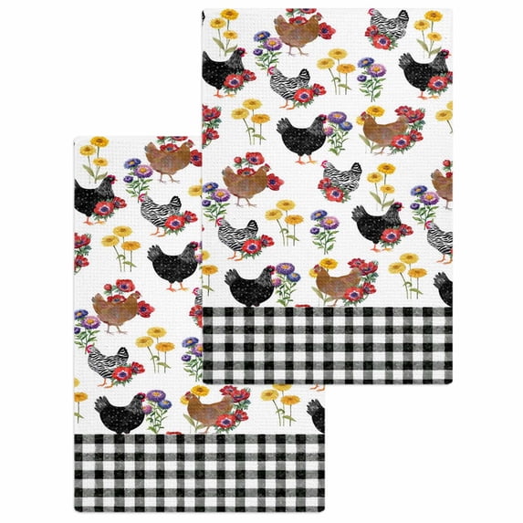 Farmhouse Rooster Kitchen Dish Towels for Drying Dishes Set of 2, Country Watercolor Flowers Black Plaid Waffle Weave Microfiber Hand Tea Bathroom Towels Quick Dry & Absorbent Towel 15.7x23.6