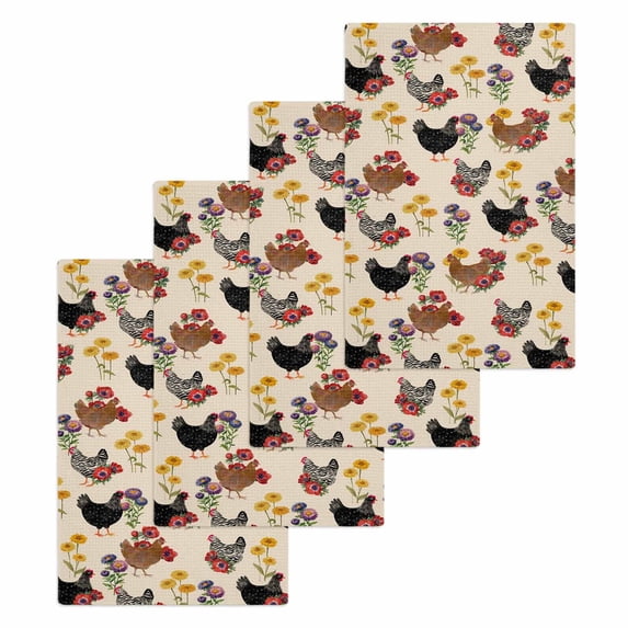 Farmhouse Rooster Kitchen Dish Towels for Drying Dishes Set of 4, Vintage Watercolor Flowers Beige Waffle Weave Microfiber Hand Tea Bathroom Towels Quick Dry & Absorbent Towel 15.7x23.6