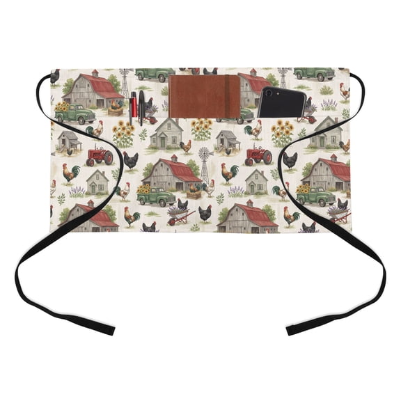 Farmhouse Rooster Kitchen Restaurant Half Waist Apron, Vintage Red Barn Cock Flower Truck Server Short Apron with 3 Pockets Waterproof Oil Waist Aprons for Women Waitress Waiter