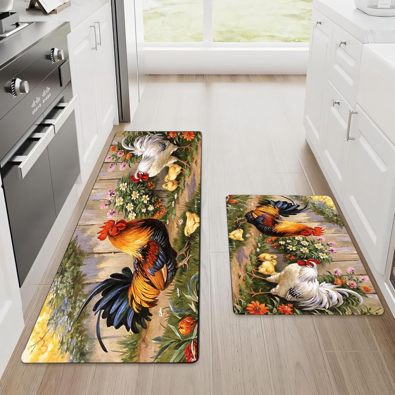 Rooster Design Kitchen Rugs Farmhouse Rooster Kitchen Rug Sets of 2 Piece Non Slip Kitchen Rugs and ...