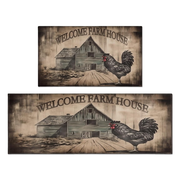Farmhouse Rooster Kitchen Rugs Set, 17x29 +17x47, Cushioned and Non-Skid, Washable for Kitchen, Living Room, Office Gift for Friends, Family