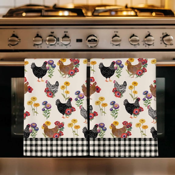 Farmhouse Rooster Kitchen Towels Set of 1, Vintage Watercolor Flowers Black Plaid Absorbent Dish Towels for Kitchen, Microfiber Hand Towel, Quick Drying Tea Towel for Cleaning Decorative Dishcloths