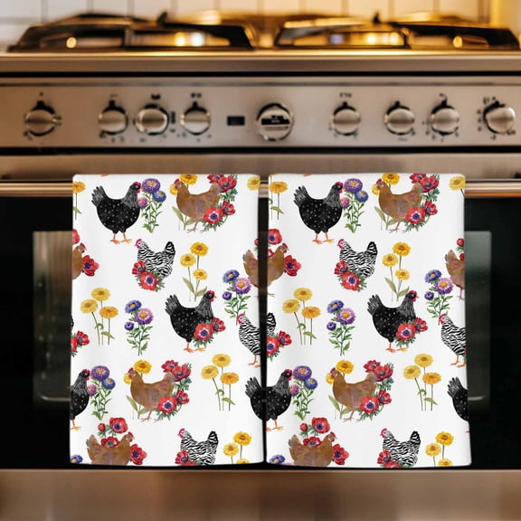 Farmhouse Rooster Kitchen Towels Set of 2, Country Watercolor Flowers Wood Grain Absorbent Dish Towels for Kitchen, Microfiber Hand Towel, Quick Drying Tea Towel for Cleaning Decorative Dishcloths