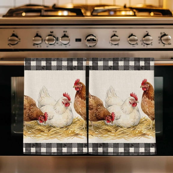 Farmhouse Rooster Kitchen Towels Set of 2, Farm Chicken Animals Retro Buffalo Plaid Absorbent Dish Towels for Kitchen, Microfiber Hand Towel, Quick Drying Tea Towel for Cleaning Decorative Dishcloths