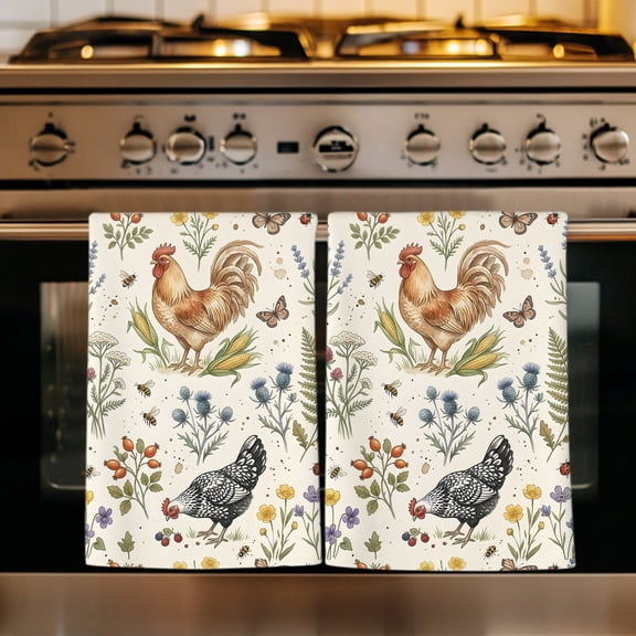 Farmhouse Rooster Kitchen Towels Set of 2, Vintage Botanical Rustic Beige Floral Absorbent Dish Towels for Kitchen, Microfiber Hand Towel, Quick Drying Tea Towel for Cleaning Decorative Dishcloths