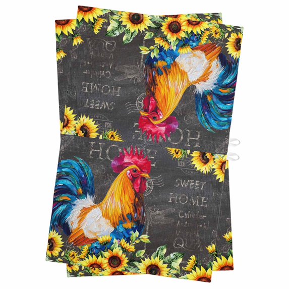 Farmhouse Rooster Kitchen Towels Set of 2, Water Absorbent Dish Towel, Black Retro Botanical Sunflower Floral Decorative Hand Towels - Quick Drying Cloth for Cooking Baking, 18x28 Inch
