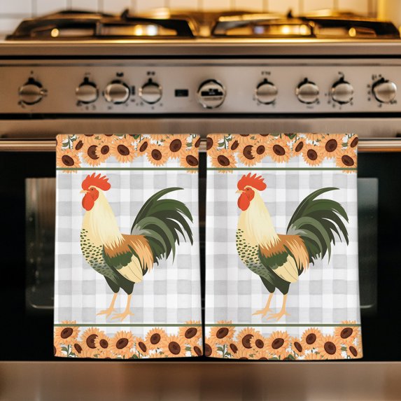 Farmhouse Rooster Kitchen Towels Set of 4, Orange Sunflowers Country Plants Grey Plaid Absorbent Dish Towels for Kitchen, Microfiber Hand Towel, Quick Drying Tea Towel for Cleaning Dishcloths