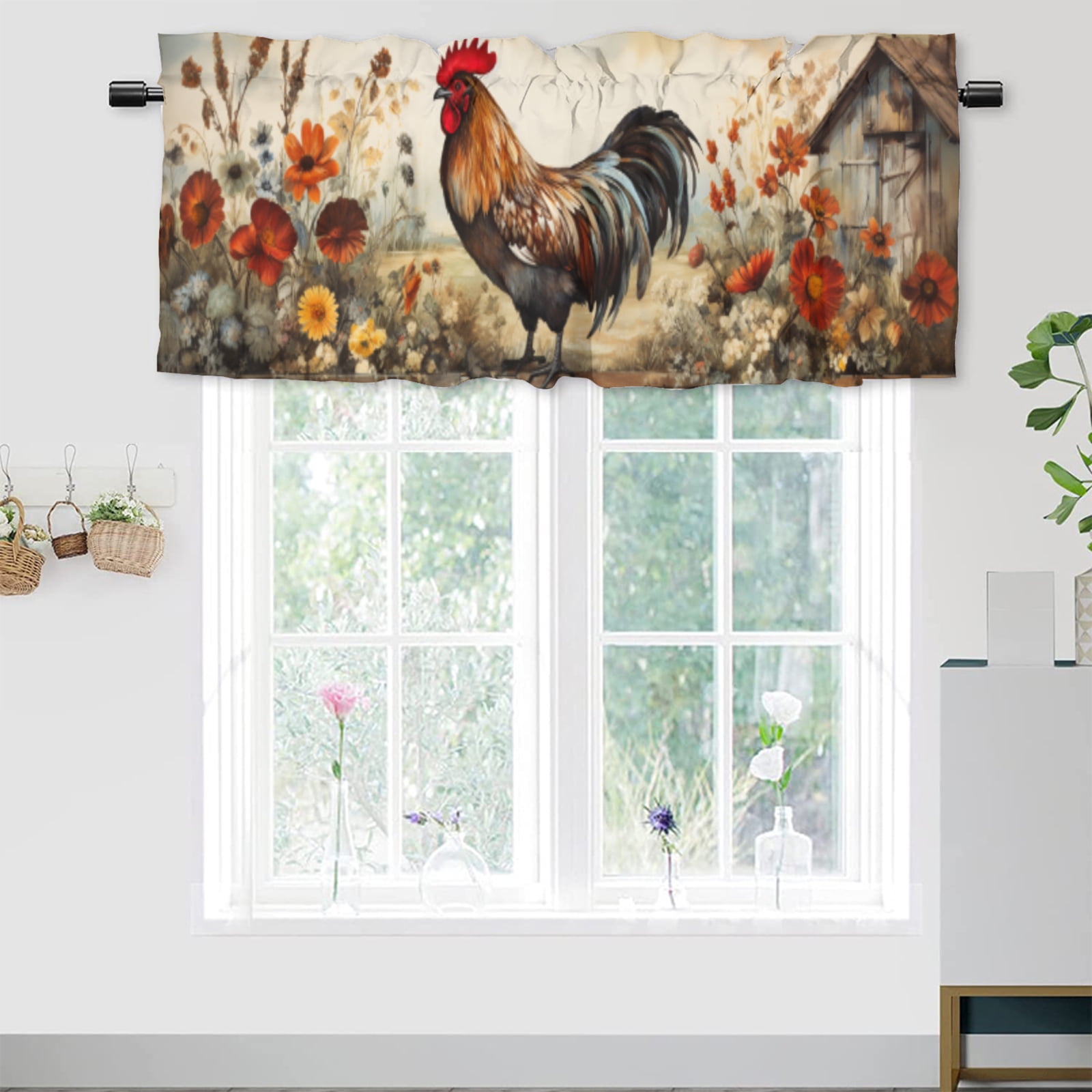 Farmhouse Rooster Kitchen Window Curtain Valance Rustic Farm Flowers ...