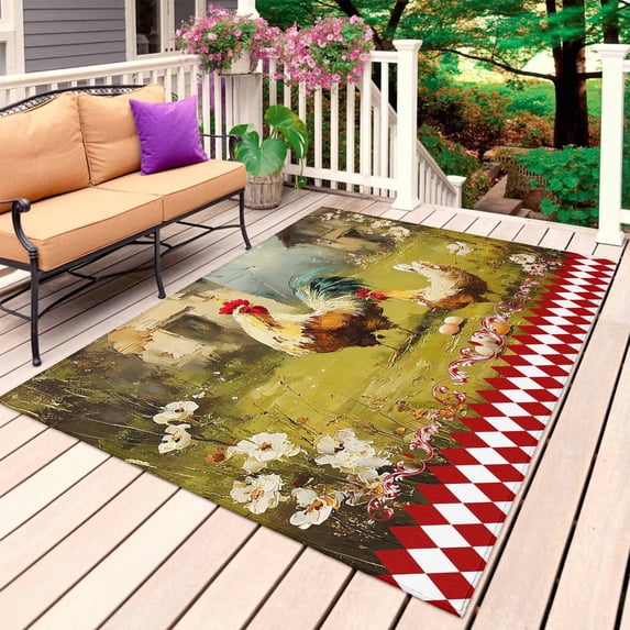 Farmhouse Rooster Outdoor Rug 5x7 Ft, Non Slip Washable Area Rug, Vintage Rustic Plants Oil Painting Patio Rugs Carpet Runner, Large Floor Mat for Indoor/Outdoor Deck Porch Camping