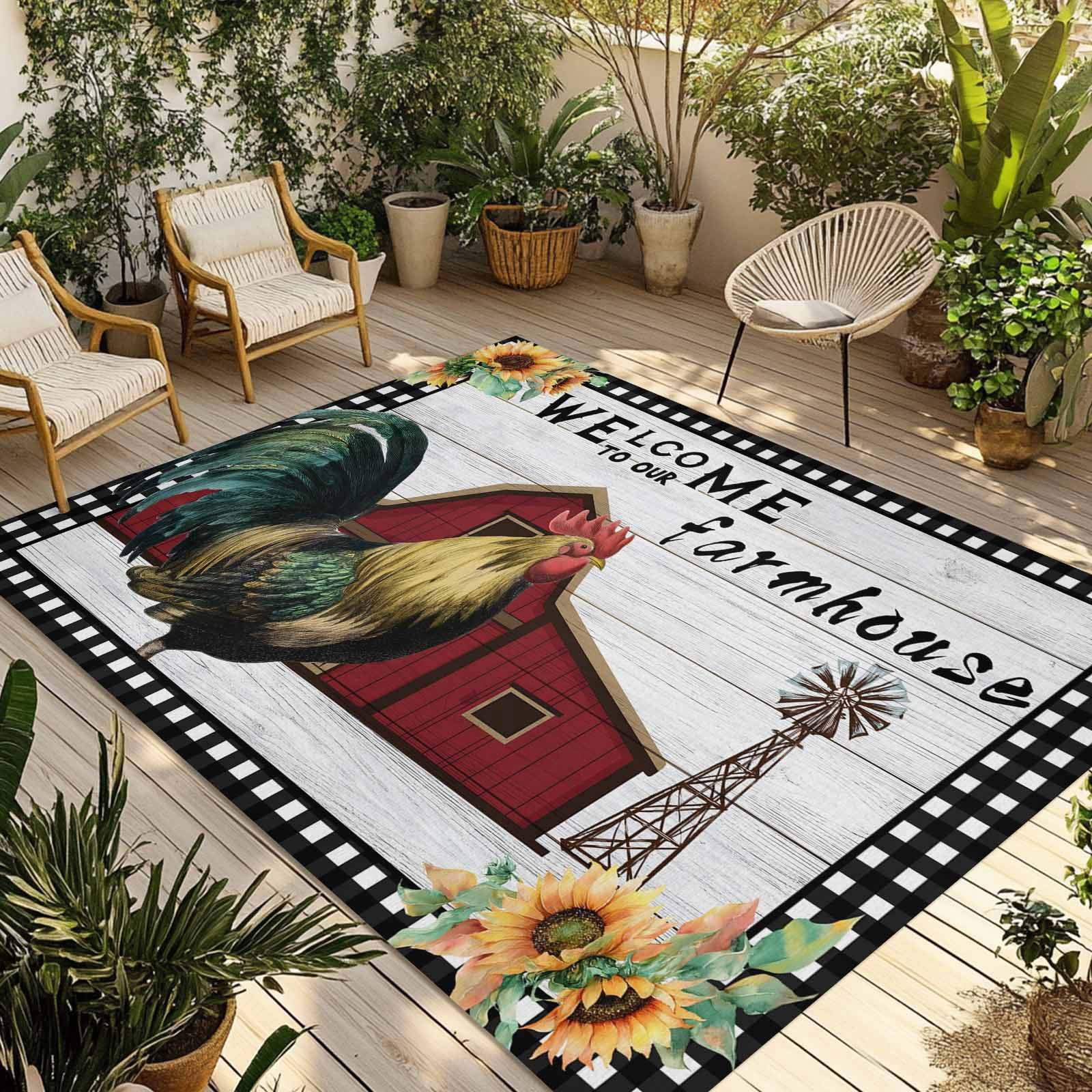 Outdoor Rustic Rugs Farmhouse Rooster Outdoor Rug for Patio/Deck/Porch, Non-Slip Large Area ...
