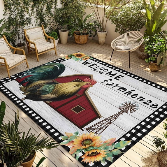 Farmhouse Rooster Outdoor Rug for Patio/Deck/Porch, Non-Slip Large Area Rug 5 x 7 Ft, Rustic Red Barn Windmill Sunflowers Indoor Outdoor Rugs Washable Area Rugs, Reversible Camping Rug Carpet Runner