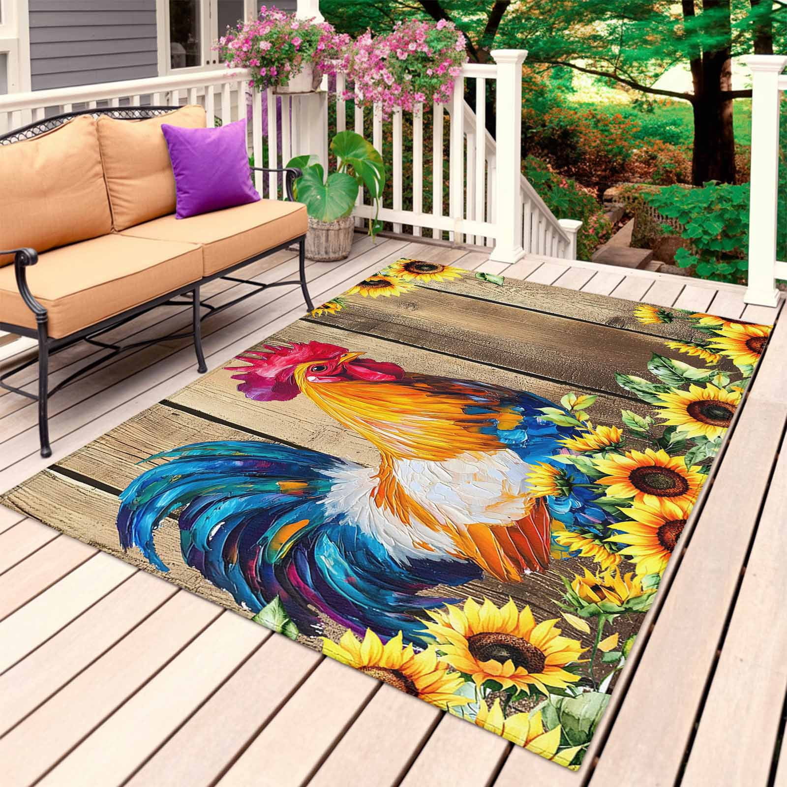Outdoor Rustic Rugs Farmhouse Rooster Outdoor Rug for Patio/Deck/Porch, Non-Slip Large Area ...