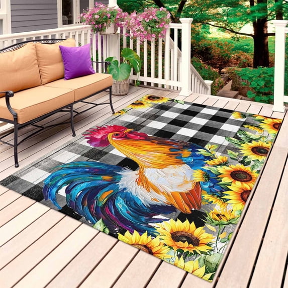 Farmhouse Rooster Outdoor Rug for Patio/Deck/Porch, Non-Slip Large Area Rug 6 x 9 Ft, Black Plaid Botanical Sunflower Floral Indoor Outdoor Rugs Washable Area Rugs, Camping Rug Carpet Runner