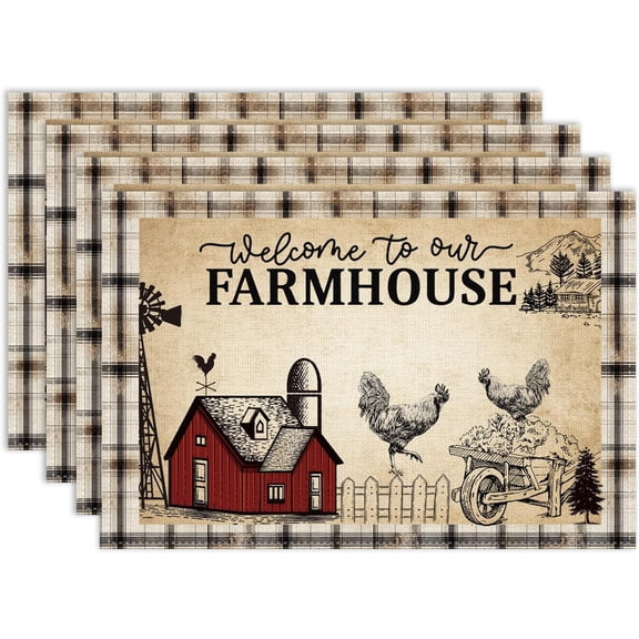 Farmhouse Rooster Placemat Set of 4, 12x18 Inch Rustic Brown Buffalo Farm Animals Cow Pig Chichen House Retro CoffeeTable Mats for Outdoor Farmhouse Kitchen Dining Table Decoration