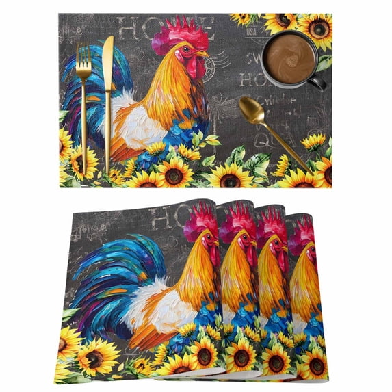 Farmhouse Rooster Placemats Set of 12, Black Retro Botanical Sunflower Floral Placemats for Dining Table, Place Mats for Kitchen Tabletop, Waterproof Wipeable Dining Table Mats Set