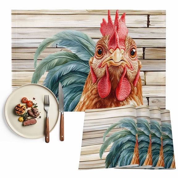 Farmhouse Rooster Placemats Set of 12, Rustic Wood Texture Table Mats Washable Heat-Resistant Non-Slip Place Mats for Kitchen Dinner Table Indoor Outdoor Decor,13x19 Inch Red Brown