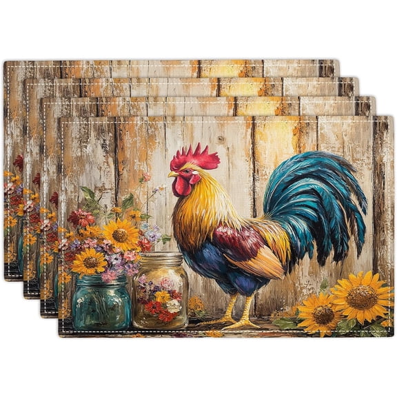 Farmhouse Rooster Placemats Set of 4, Rustic Chicken Place Mats, Sunflower Dining Table Mats, Washable Placemats for Kitchen Dining Room Home Decor 18L'' × 12W''