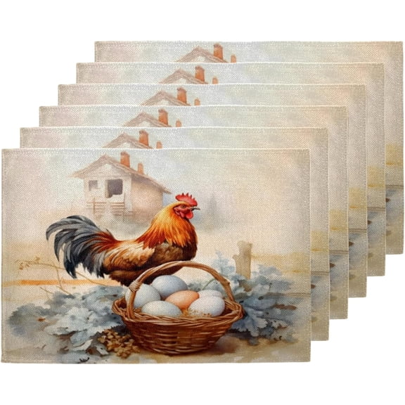 Farmhouse Rooster Placemats Set of 6,12x18 Inch Heat Resistant Non-Slip Table Mats for Dining Table, Washable Place Mats for Wedding, Party, Home Decor