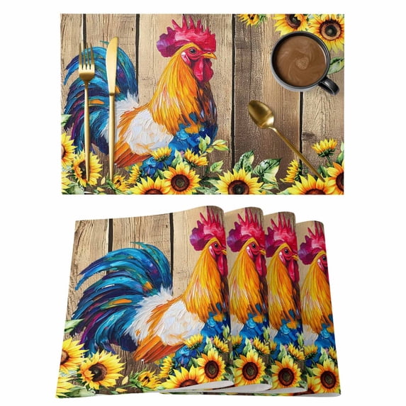 Farmhouse Rooster Placemats Set of 6, Retro Botanical Sunflower Floral Wood Placemats for Dining Table, Place Mats for Kitchen Tabletop, Waterproof Wipeable Dining Table Mats Set