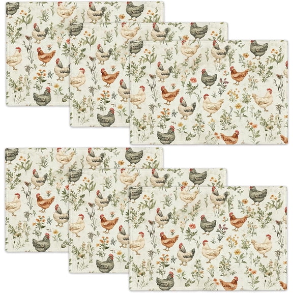 Farmhouse Rooster Placemats Set of 6, Rustic Chicken Place Mats, Country Flowers Dining Table Mats, Washable Placemats for Kitchen Dining Room Home Decor 18L'' 12W''