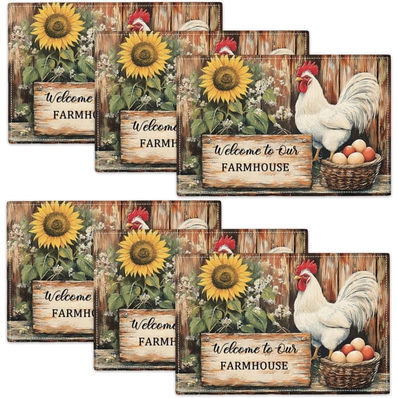 Farmhouse Rooster Placemats Set of 6, Rustic Chicken Place Mats, Country Sunflower Dining Table Mats, Washable Placemats for Kitchen Dining Room Home Decor 18L'' × 12W''