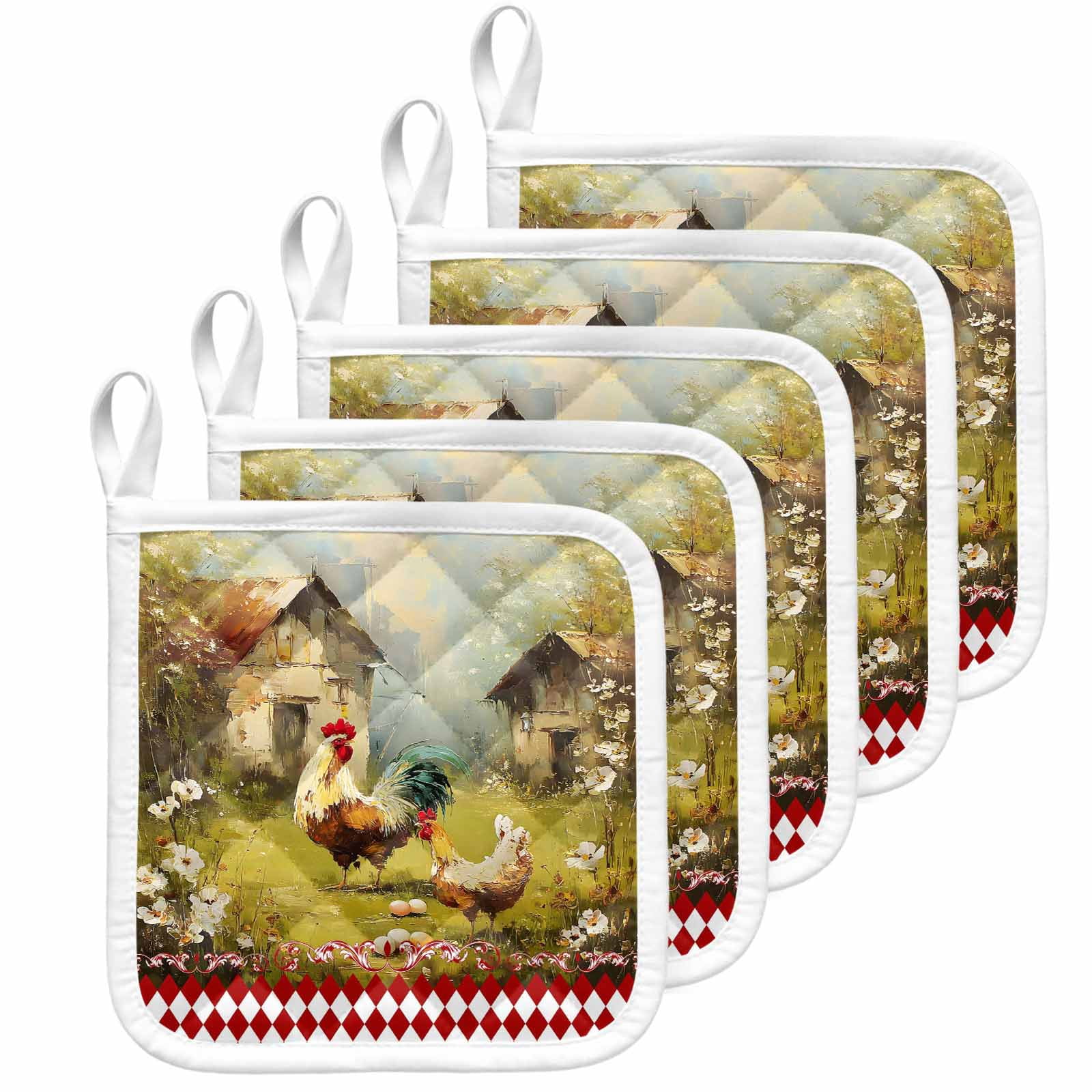 Farmhouse Rooster Pot Holders for Kitchen Heatproof Potholder, 5 Pack Vintage Rustic Plants Oil Painting Hot Pads Multipurpose Oven Pads Cloth Potholders Trivet for Cooking Baking
