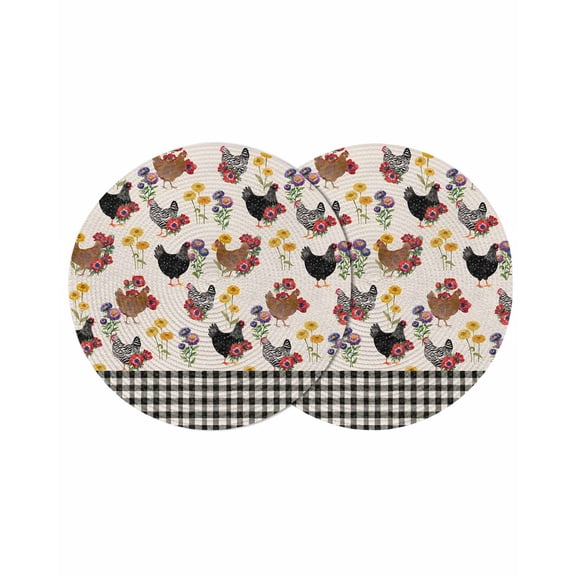 Farmhouse Rooster Round 13 Inch Placemats Set of 2, Vintage Watercolor Flowers Black Plaid HeatResistant Non Slip Place Mats for Dining Table, Wipeable Braided Kitchen Table Mats for Housewarming