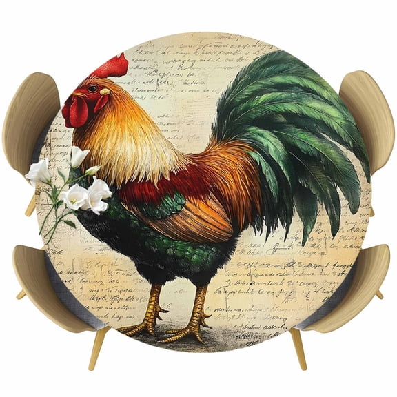 Farmhouse Rooster Round Fitted Tablecloth with Elastic Edge, Vintage Rustic Country Chicken Stretch Table Covers for 45"-54" Tables Wipeable Table Cloth for Outdoor