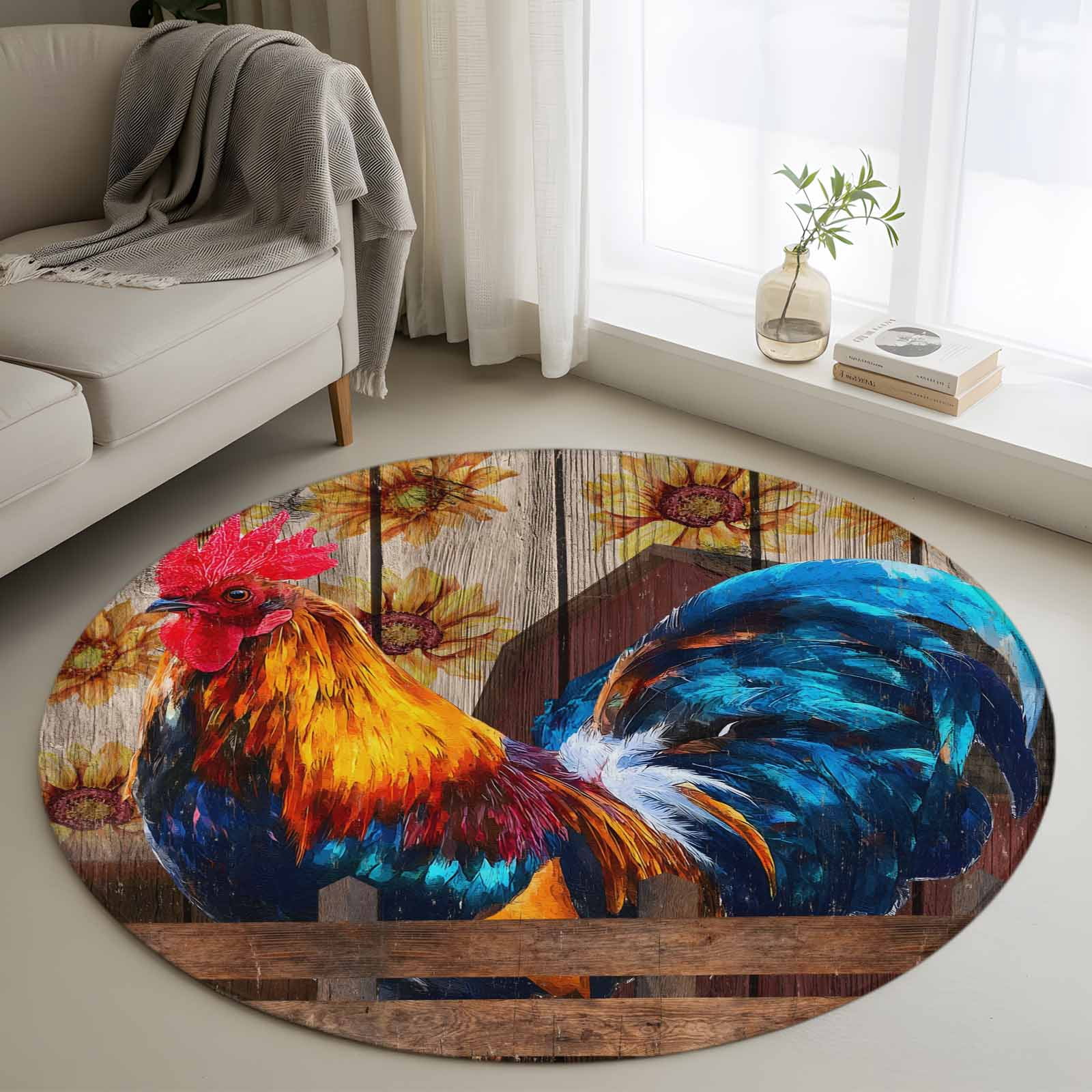 Hen Rug Farmhouse Rooster Round Rug 3.3ft Washable Circle Entryway Rugs Non ...