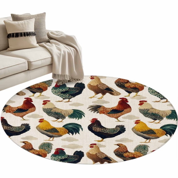 Farmhouse Rooster Round Rug 3ft Washable Circle Entryway Rugs Non Slip Country Chicken Rustic Animals Area Rug Indoor Floor Carpet for Bedroom Kitchen Living Room Home Office Dining Room Nursery