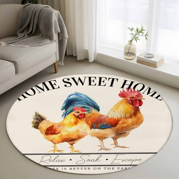Farmhouse Rooster Round Rug 3ft Washable Circle Entryway Rugs Non Slip Watercolor Cute Animals Retro Art Area Rug Indoor Floor Carpet for Bedroom Kitchen Living Room Home Office Dining Room Nursery