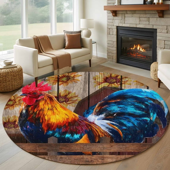 Farmhouse Rooster Round Rug 6ft Washable Circle Kitchen Rugs Non Slip Vintage Farm Chicken Sunflower Wooden Large Area Rug Indoor Floor Carpet for Bedroom Living Room Home Office Dining Room Nursery