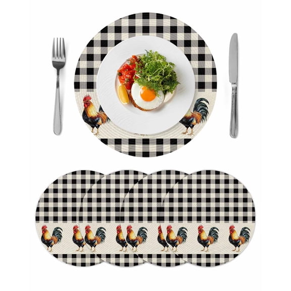 Farmhouse Rooster Round Table Placemats set of 4, Vintage Black White Check Plaid Washable Woven Place Mats for Dining Tables Kitchen Party Decor,Heat Proof, 15in,