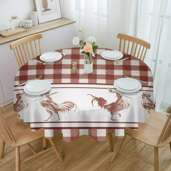 Farmhouse Rooster Round Tablecloth 60 Inch - Waterproof Fabric Table Cloth Protector, Rustic Farm Animals Red White Plaid Tablecloths Washable Table Cover for Kitchen Banquet Coffee Table Party