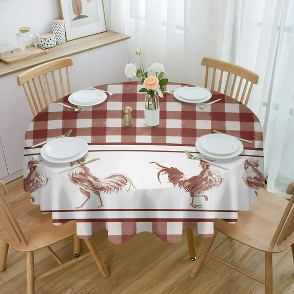 Farmhouse Rooster Round Tablecloth 60 Inch - Waterproof Fabric Table Cloth Protector, Rustic Farm Animals Red White Plaid Tablecloths Washable Table Cover for Kitchen Banquet Coffee Table Party