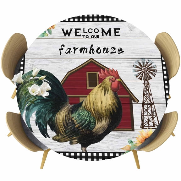 Farmhouse Rooster Round Tablecloth, Fitted Table Cover with Elastic for 36"-44" Round Tables, Rustic Red Barn Windmill Sunflowers Table Cloth Outdoor Indoor Dinning Party Waterproof Tablecloths