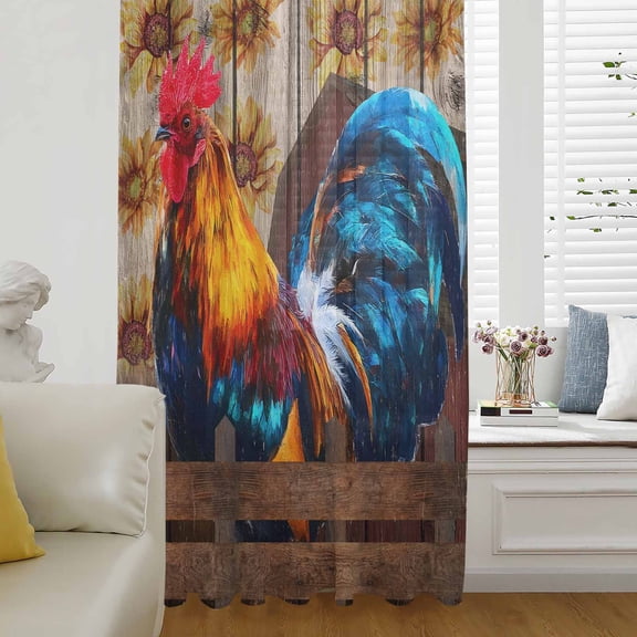 Farmhouse Rooster Semi Sheer Curtains Drapes for Living Room,Bedroom,French Doors Window 108 Inches Long,Vintage Farm Chicken Sunflower Wooden Rod Pocket Chiffon Curtain Drapery Voile Draperies Panel