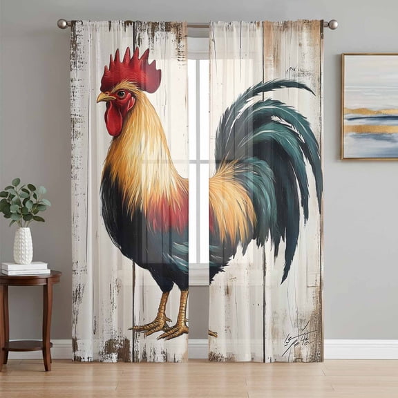Farmhouse Rooster Semi Sheer Window Curtains 108 Inches Long, Vintage Farm Animals Green Red Rod Pocket Voile Silky Chiffon Curtain Light Filtering Drapes for Living Room, Kitchen, 52"x108", 2 Panels